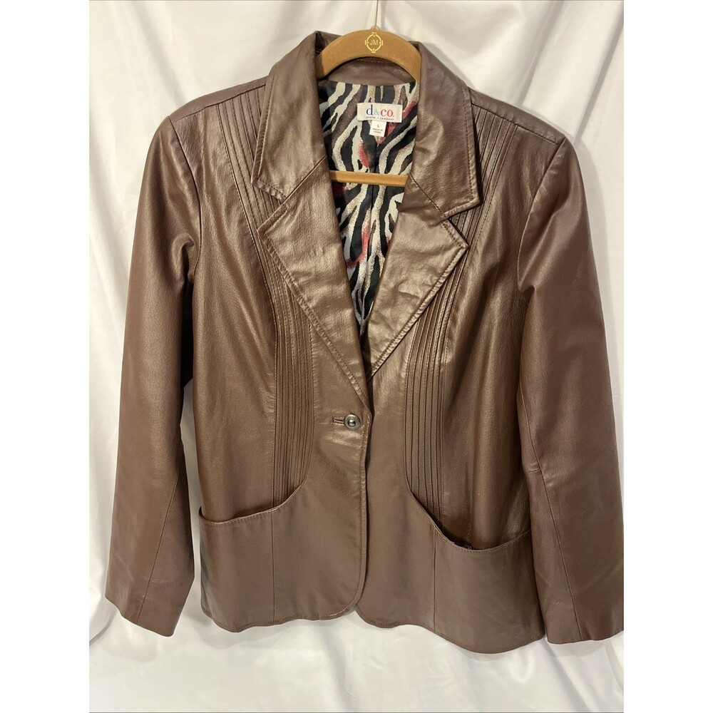 d & co (Denim + Company) 100% Genuine Leather Jacket Coat Size L Brown